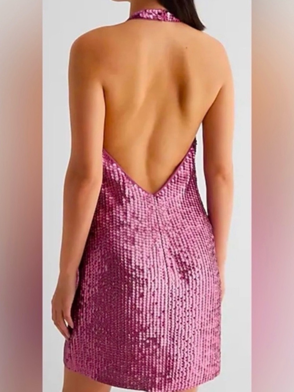 Express Pink Sequin Halter Backless Mini Dress